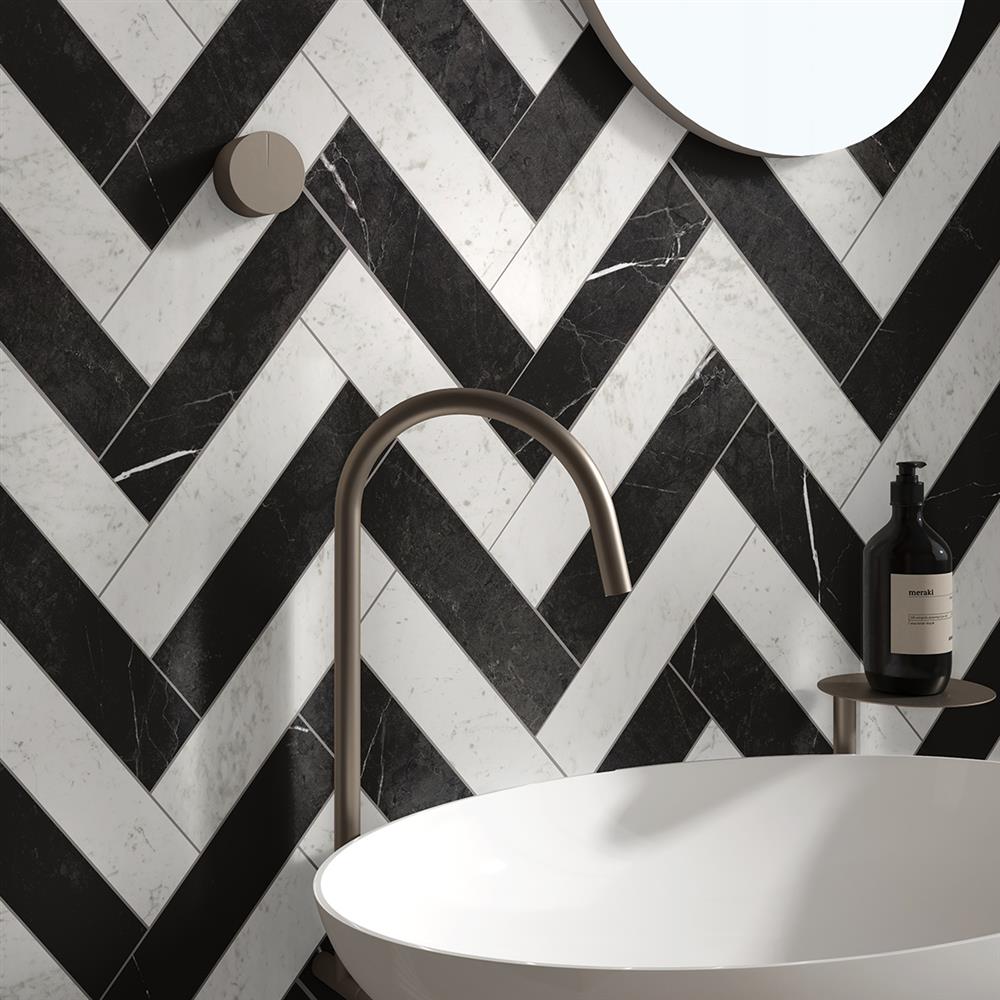 Black and white zig zag marble-effect metro tiles